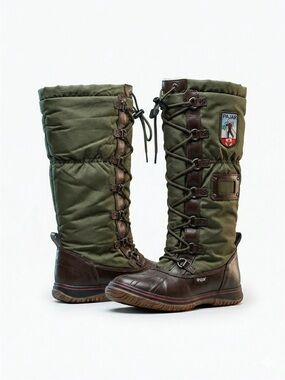 Pajar Canada Tall Snow Boots Waterproof Lace Up Nylon Leather Green Brown 6.5